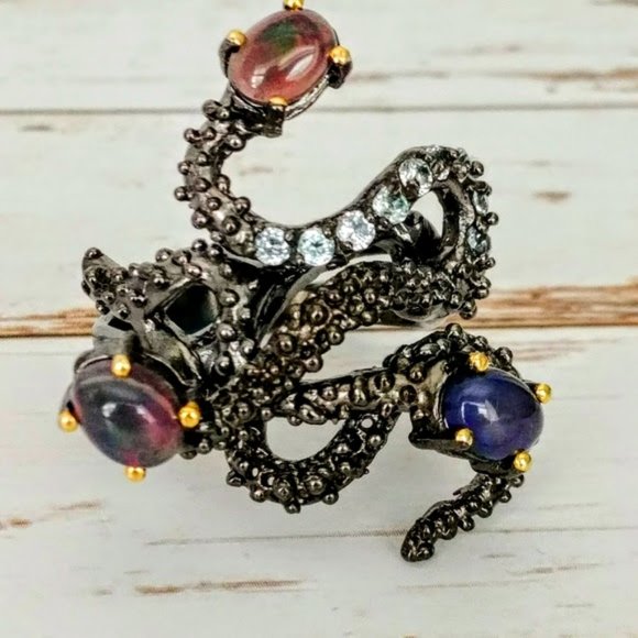 The Girl With Kaleidoscope Eyes Jewelry - Artisan Tangled Squid Black Opal Ring